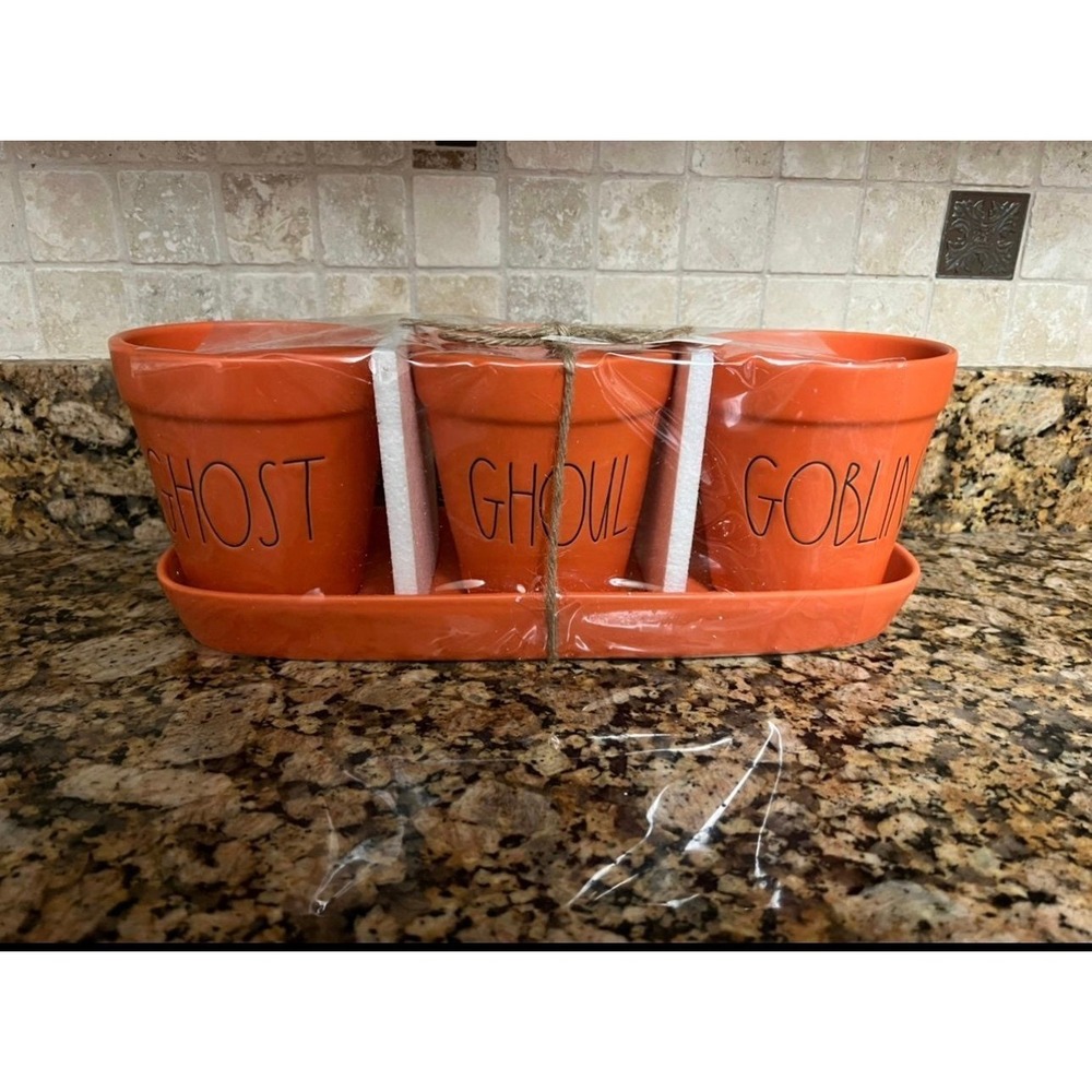 Rae Dunn orange GHOST, GOBLIN and GHOUL Halloween planters.‎
